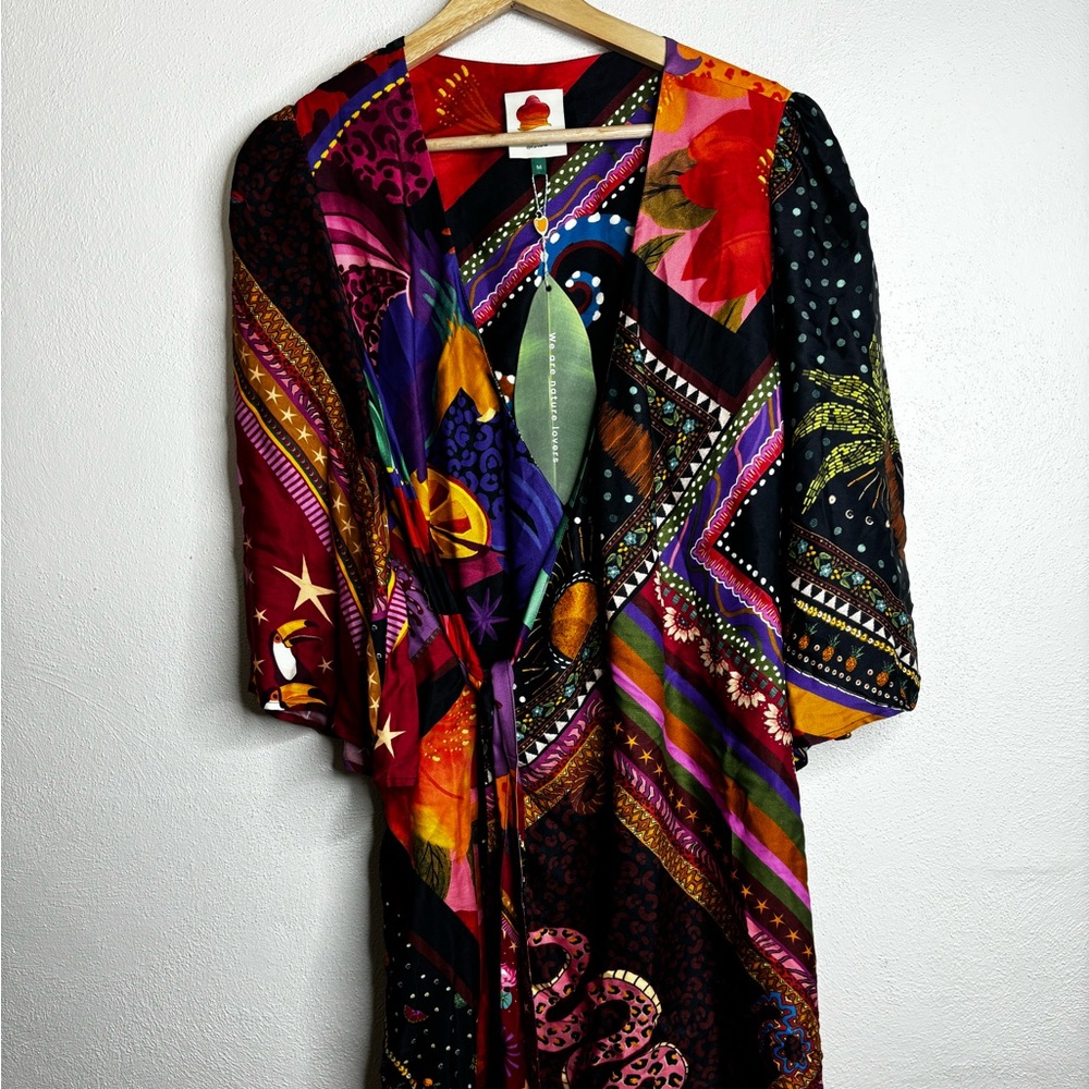 Farm Rio diagonal scarf mini wrap dress women’s size medium black worn once